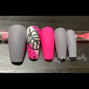 Pink & Grey Matte Leaf Hand Painted Press On Gel Nails